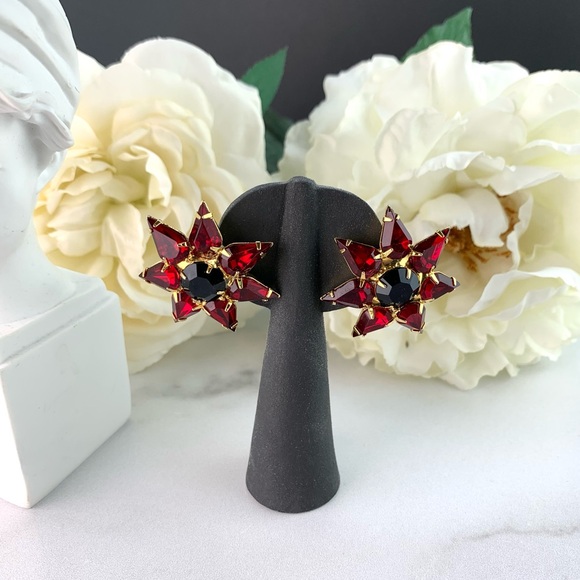Vintage Gold Tone Starburst Bloody Red Rhinestone Large Earrings - Picture 3 of 14